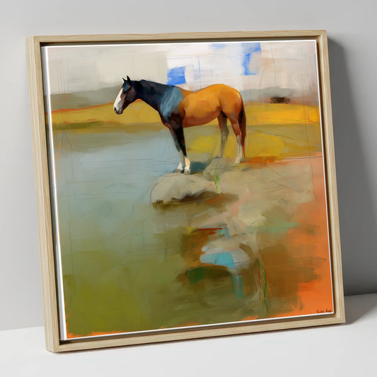 Vibrant Shoreline Reflection horse landscape canvas wall art in natural frame