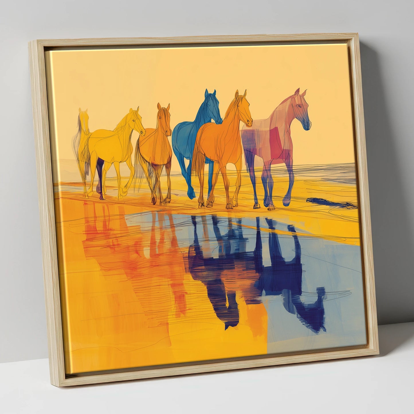 Vivid Equine Reflections horse landscape canvas wall art in natural frame