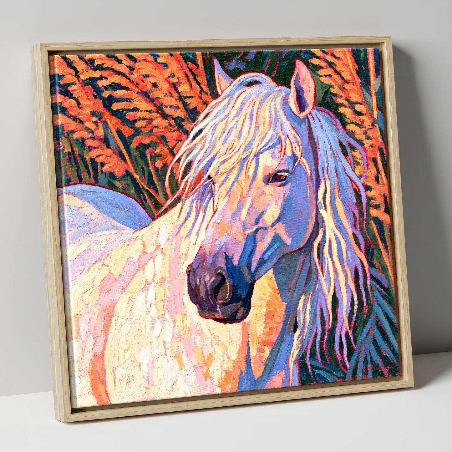 Vibrant Grey Horse Portrait horse breed canvas wall art in natural frame