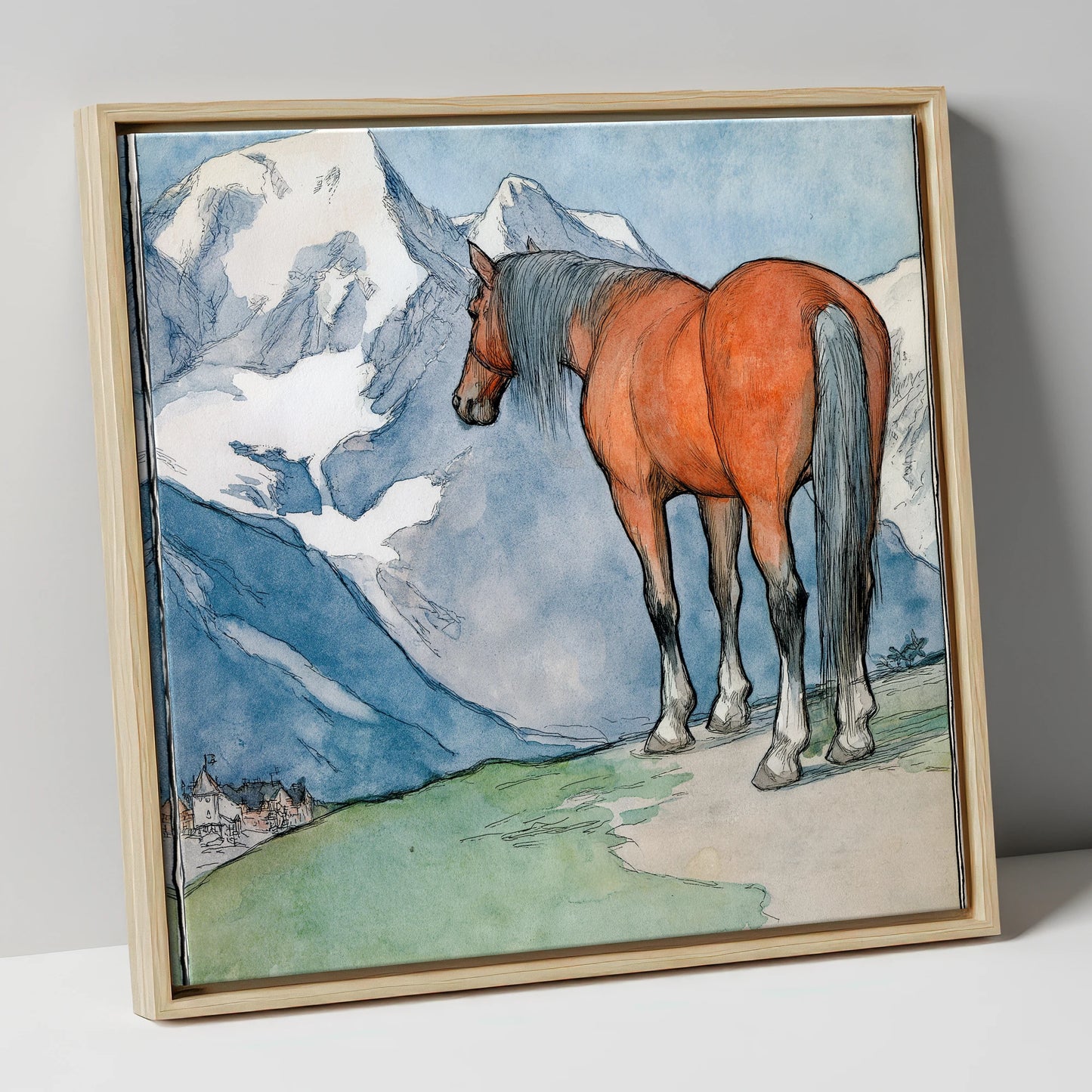 The Mountain Sentinel horse landscape canvas wall art in natural frame