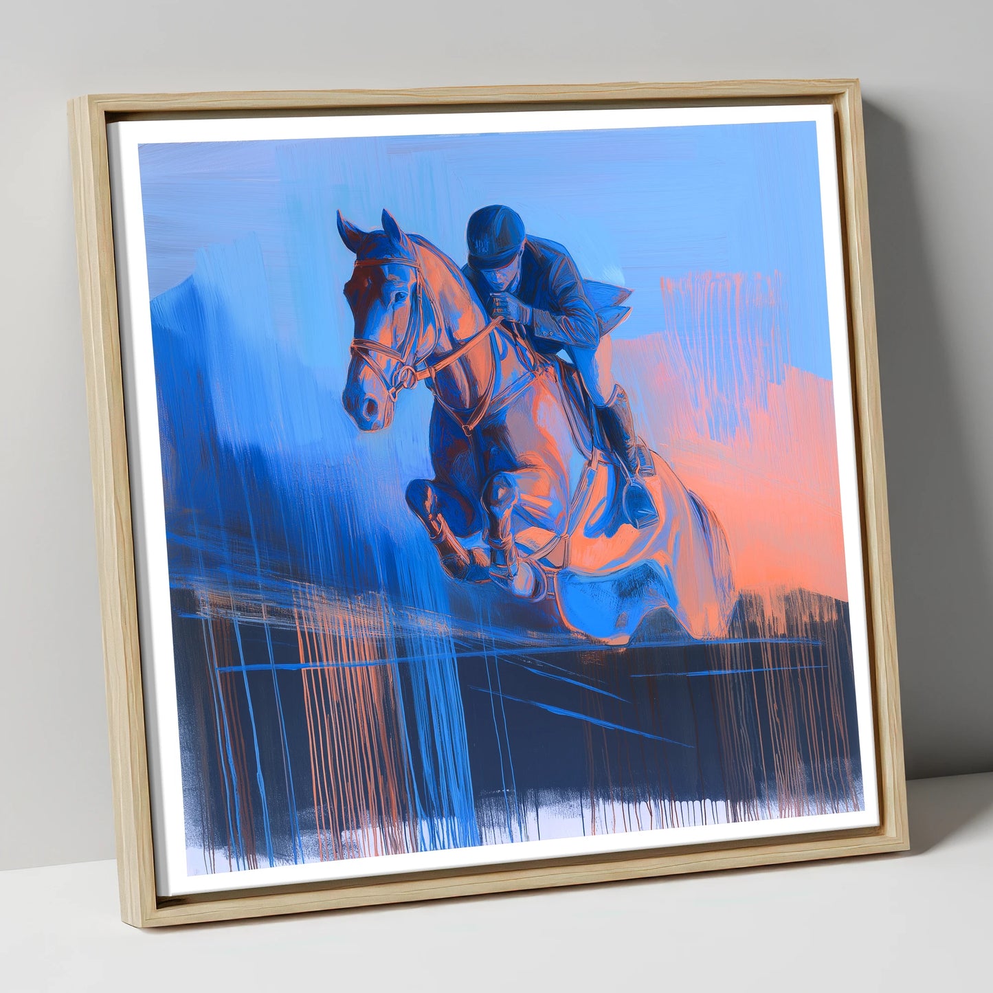 Suspended in Cobalt show jumping horse canvas wall art in natural frame