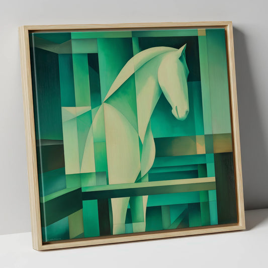 Verdant Rhythm horse stable canvas wall art in natural frame