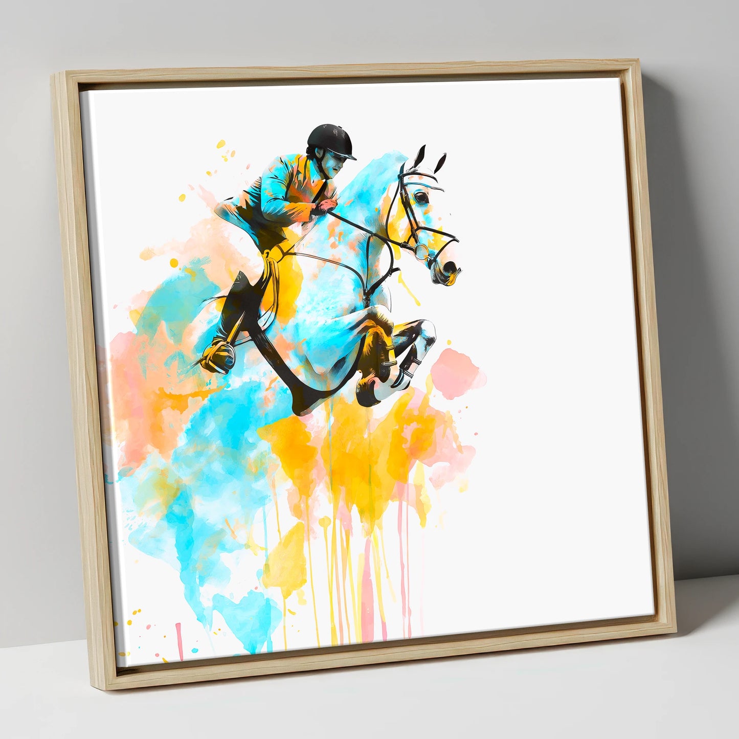 Suspended in Colour show jumping horse canvas wall art in natural frame
