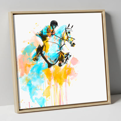 Suspended in Colour show jumping horse canvas wall art in natural frame