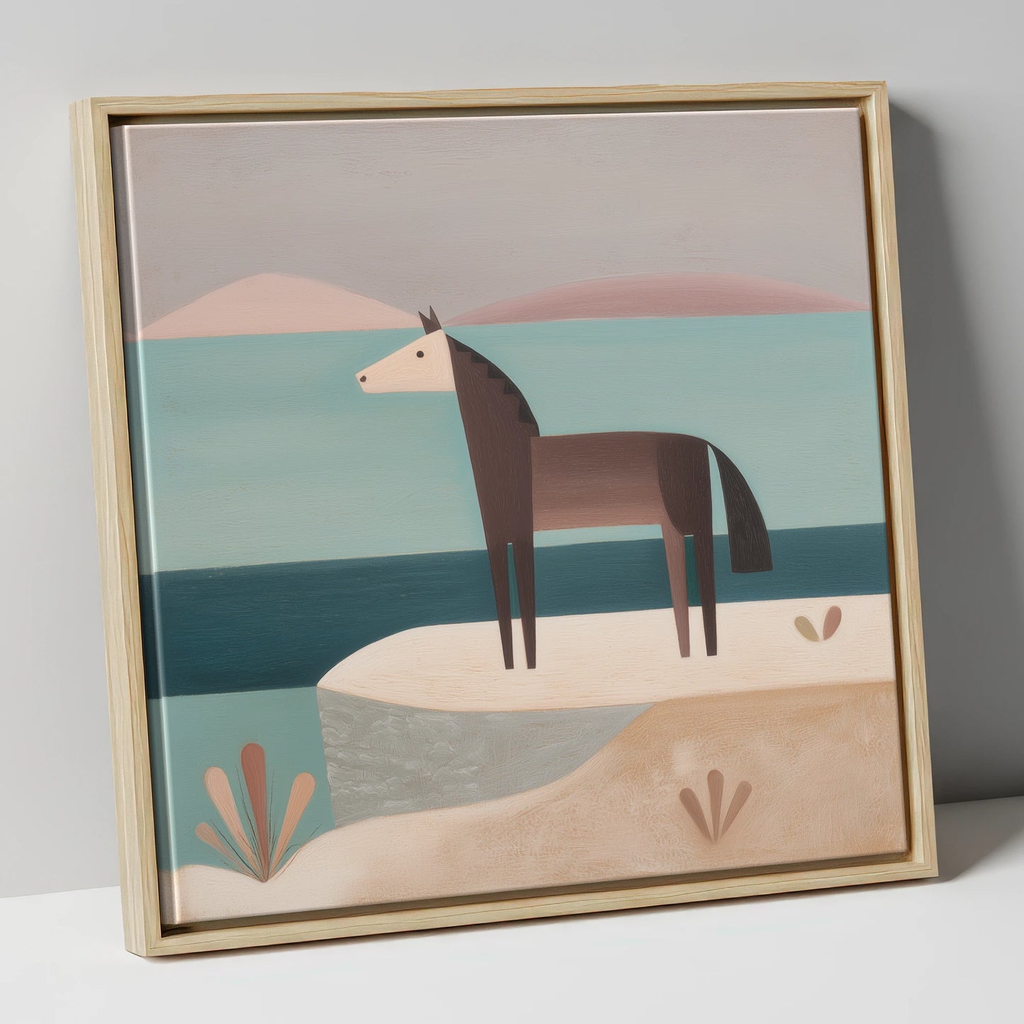 Coastal Solitude horse landscape canvas wall art in natural frame