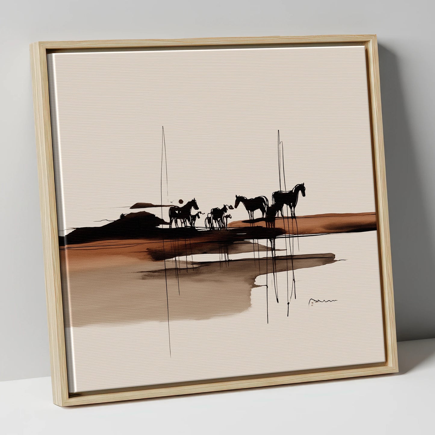 Herd on the Horizon horse landscape canvas wall art in natural frame