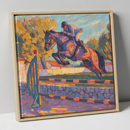 Sunset Flight show jumping horse canvas wall art in natural frame