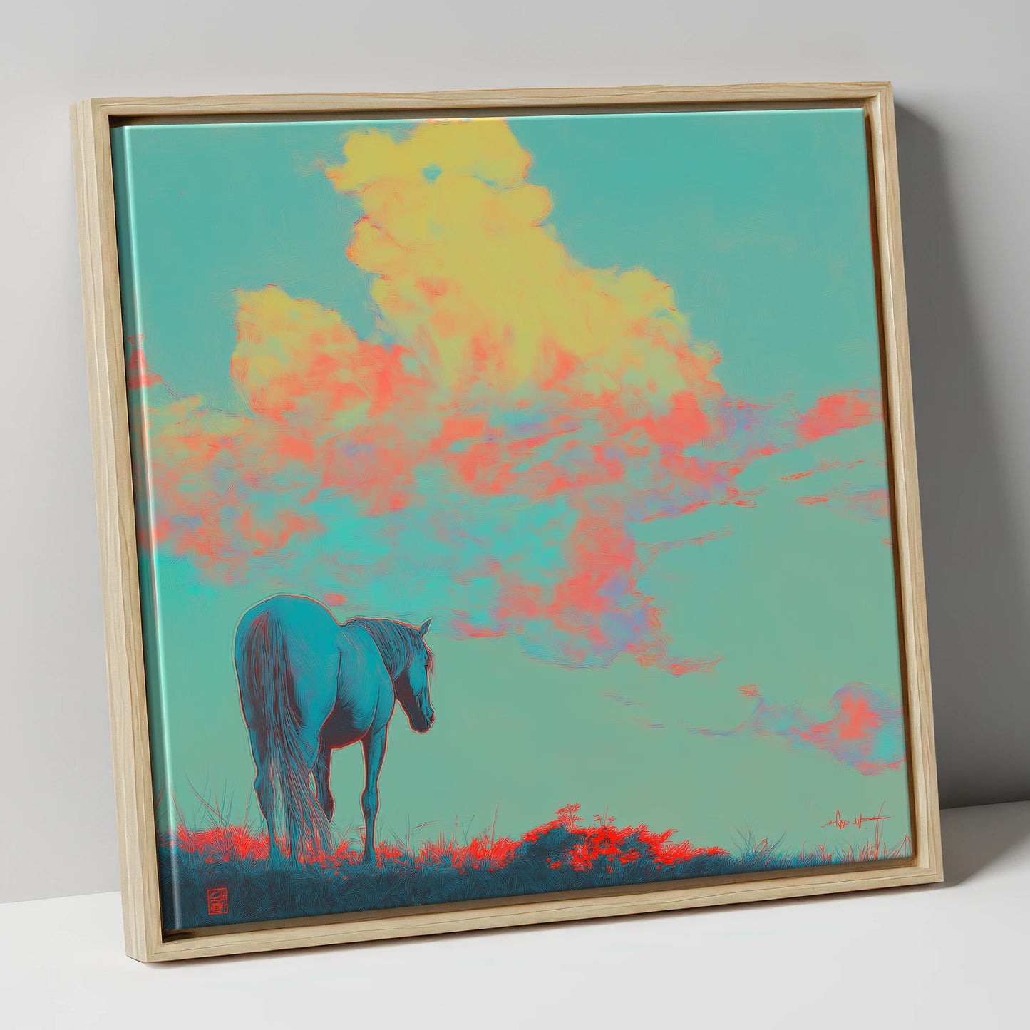 Cyan Horizon horse landscape canvas wall art in natural frame