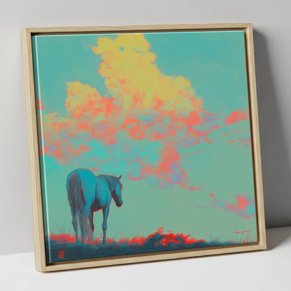 Cyan Horizon horse landscape canvas wall art in natural frame