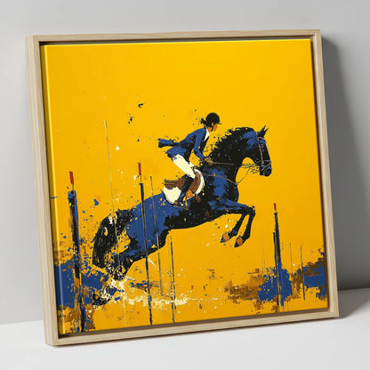 Airborne in Ochre show jumping horse canvas wall art in natural frame