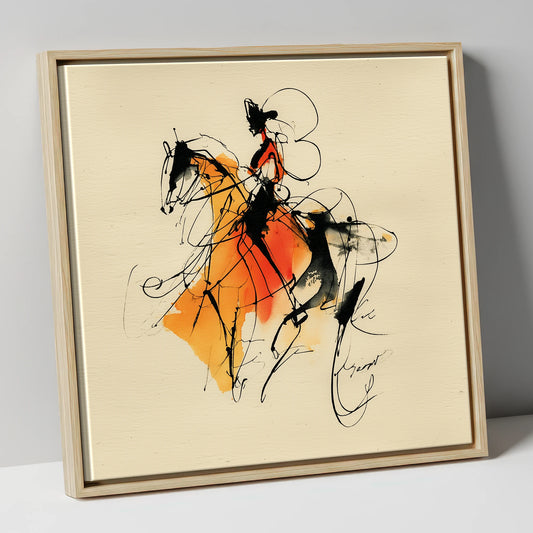Harmony in Amber dressage horse canvas wall art in natural frame