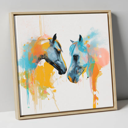 Spirited Bond horse portrait canvas wall art in natural frame