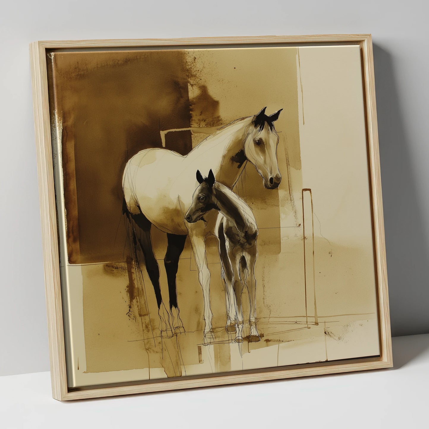 Sepia Shadows mare & foal canvas wall art in natural frame