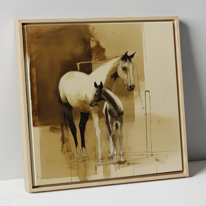 Sepia Shadows mare & foal canvas wall art in natural frame