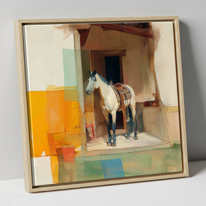 The Waiting Grey horse stable canvas wall art in natural frame