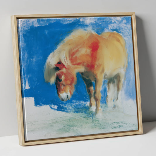 Golden Grazing Pony horse breed canvas wall art in natural frame