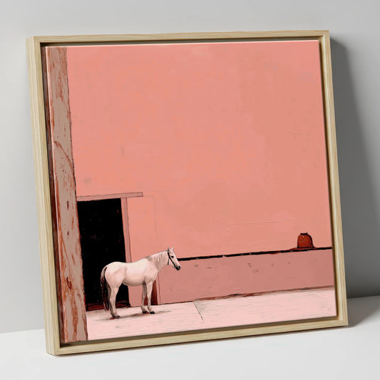 Rose Courtyard Stillness horse stable canvas wall art in natural frame
