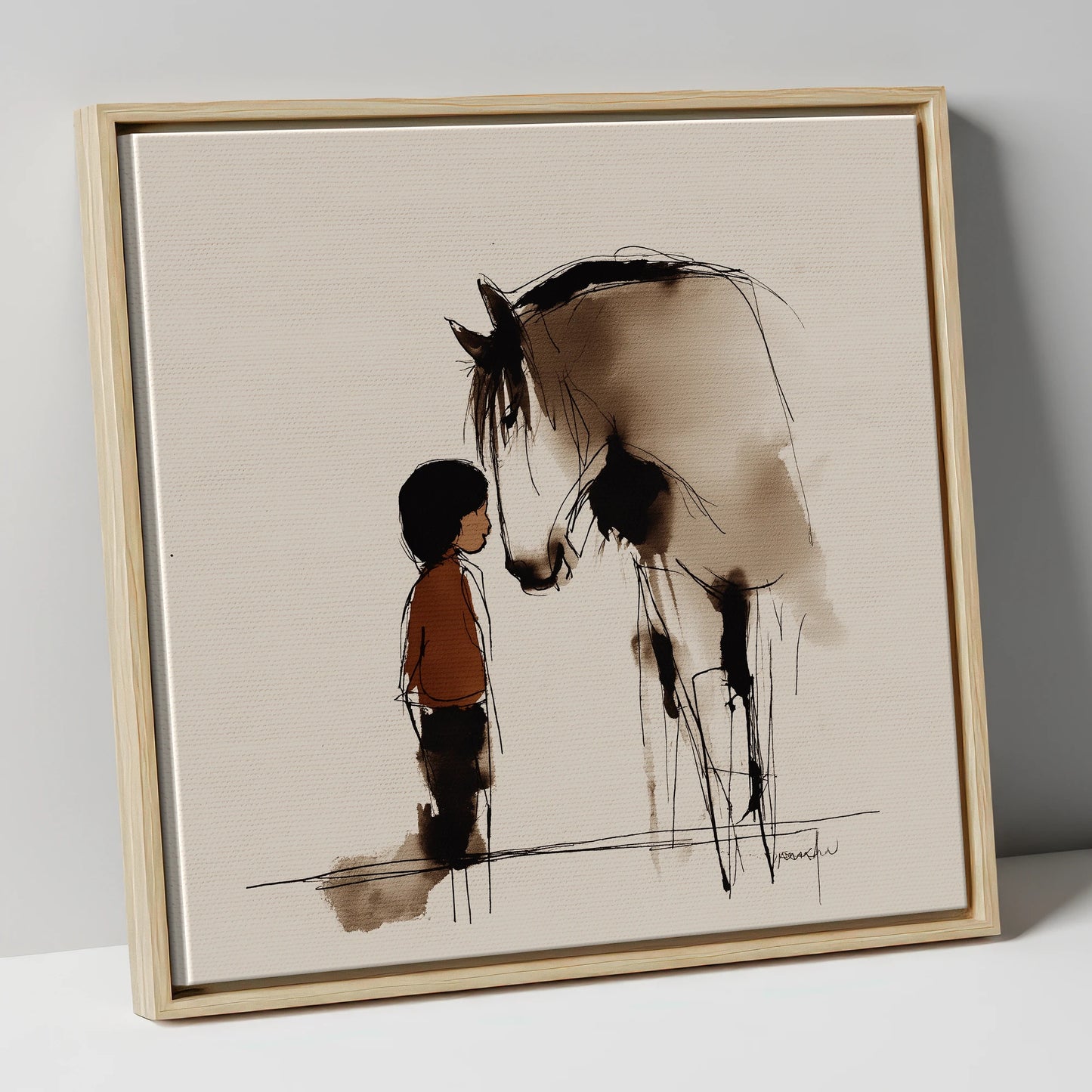 A Quiet Connection horse & rider canvas wall art in natural frame
