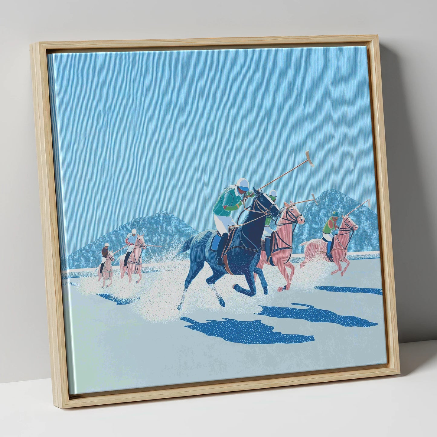 Azure Polo Pursuit polo horse canvas wall art in natural frame