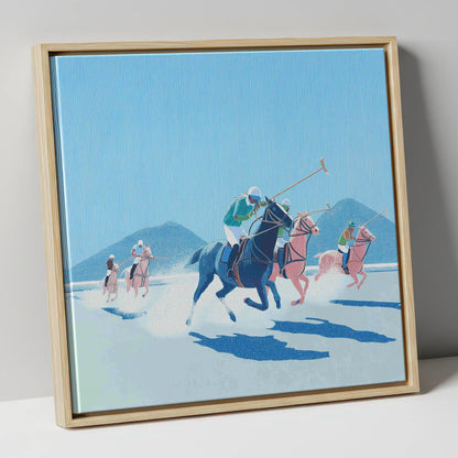 Azure Polo Pursuit polo horse canvas wall art in natural frame