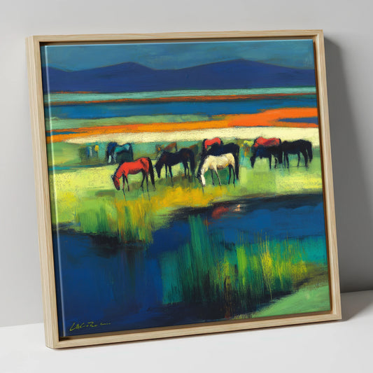 Vibrant Grazing Herd wild horses canvas wall art in natural frame