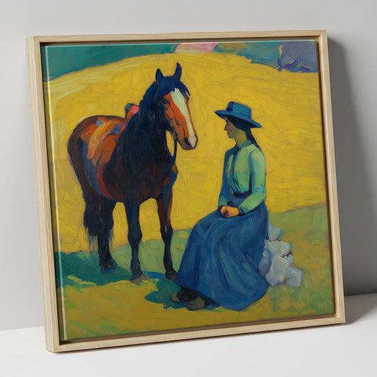 The Radiant Exchange horse & rider canvas wall art in natural frame