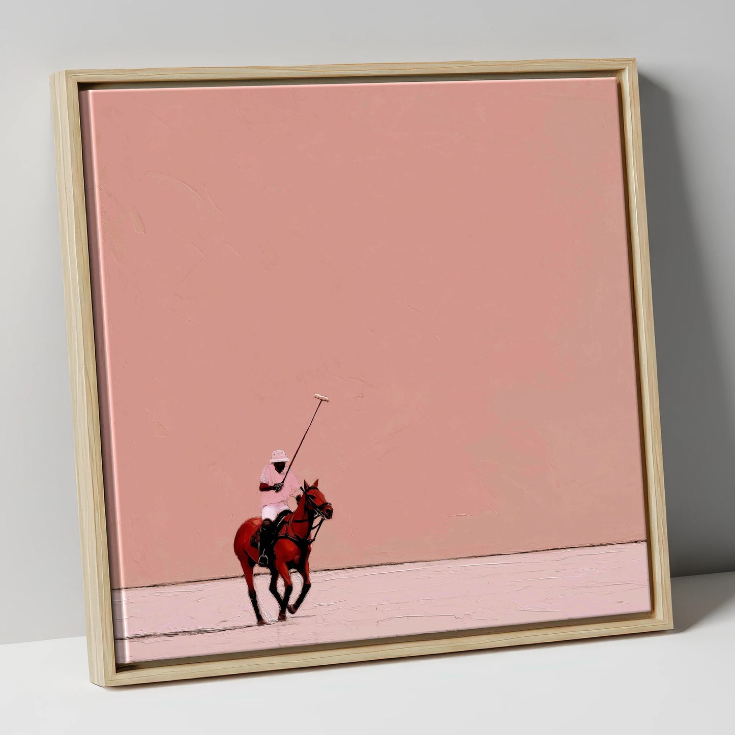 Dusty Rose Chukka polo horse canvas wall art in natural frame