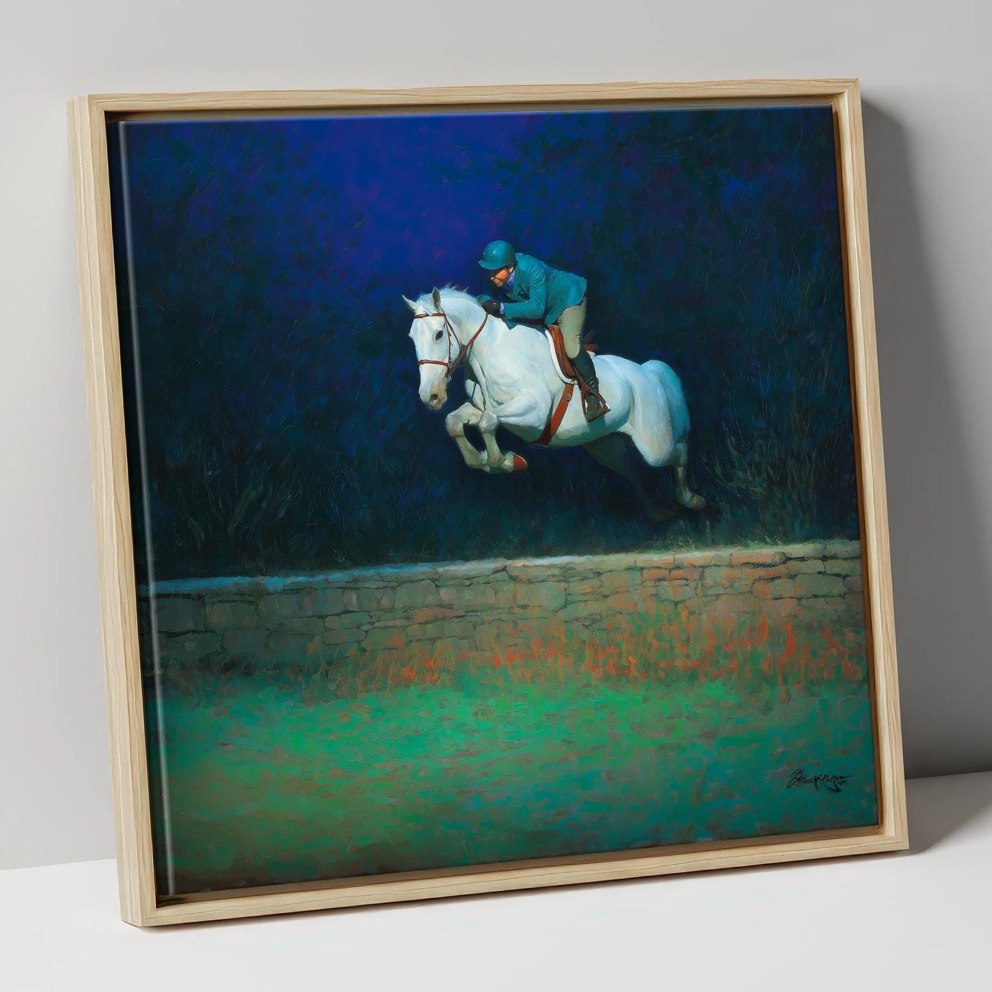 Moonlit Flight show jumping horse canvas wall art in natural frame