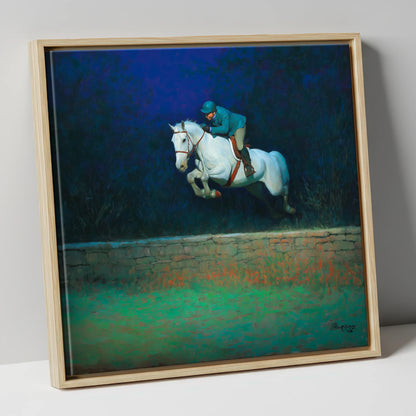 Moonlit Flight show jumping horse canvas wall art in natural frame