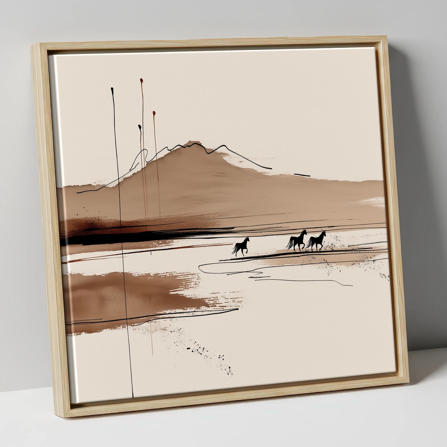 Sepia Equine Horizon horse landscape canvas wall art in natural frame