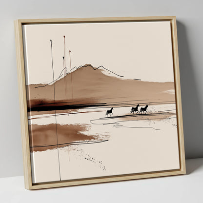 Sepia Equine Horizon horse landscape canvas wall art in natural frame