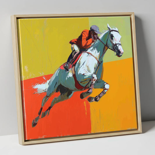 Momentum In Colour show jumping horse canvas wall art in natural frame