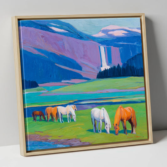 Waterfall Valley Pastures horse landscape canvas wall art in natural frame