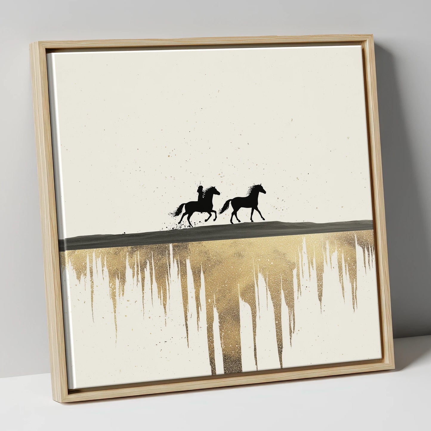 Golden Horizon Silhouettes horse landscape canvas wall art in natural frame