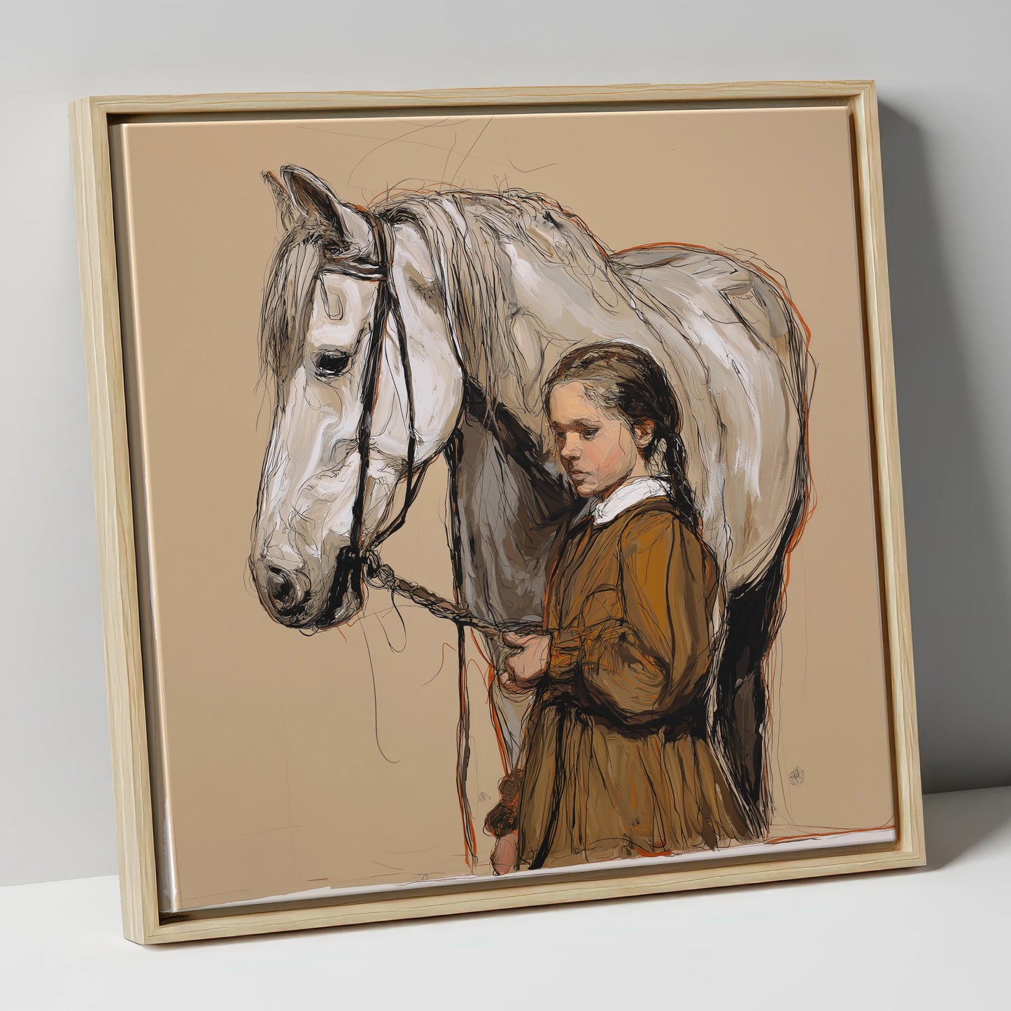 Gentle Guidance horse & rider canvas wall art in natural frame