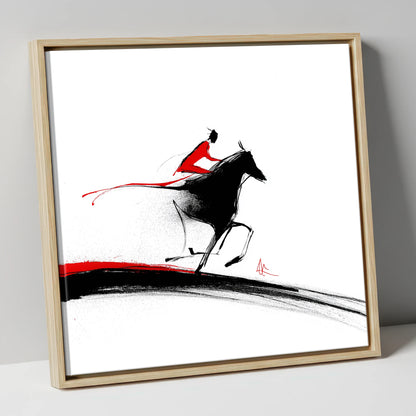 Crimson Pursuit racing horse canvas wall art in natural frame