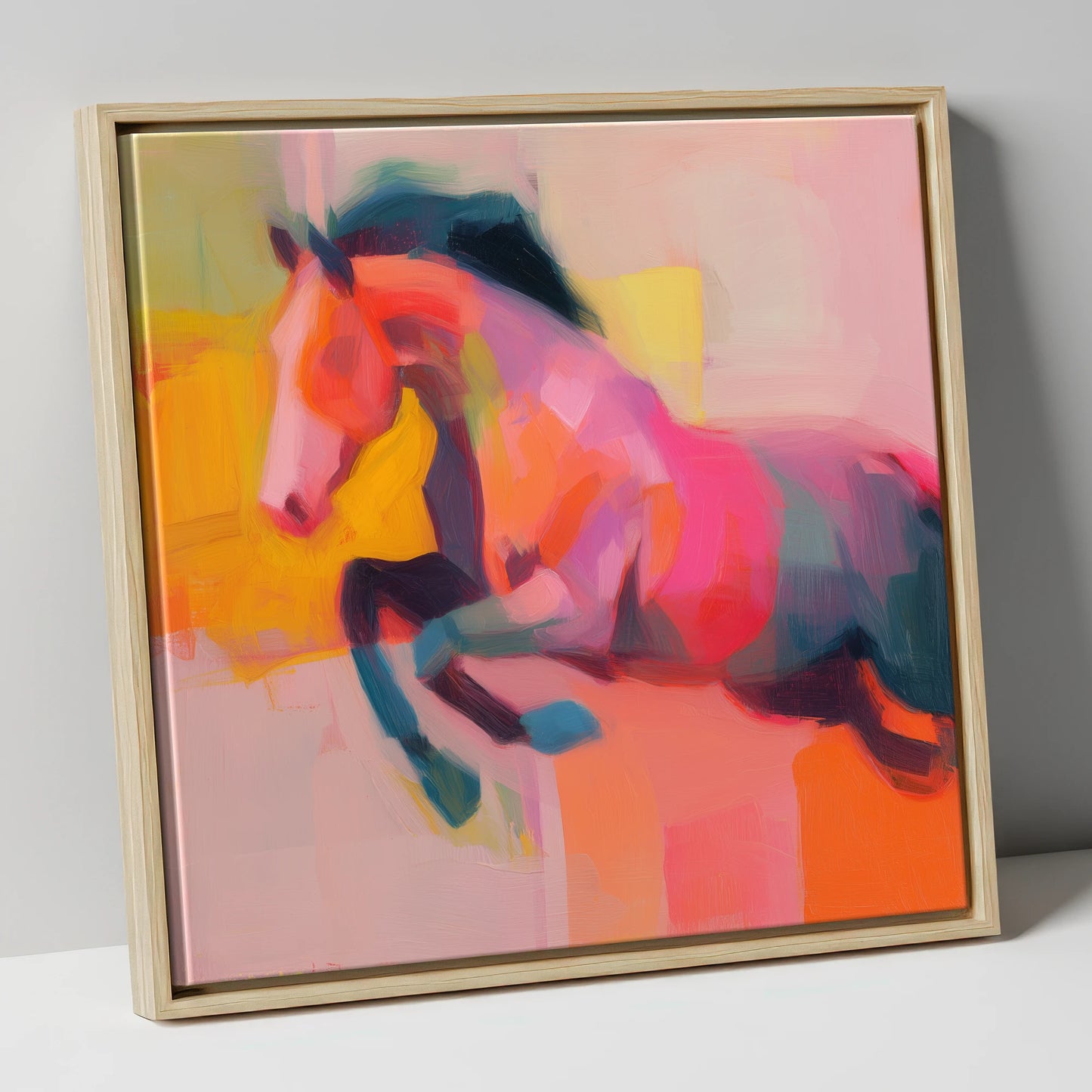 Fiery Leap show jumping horse canvas wall art in natural frame