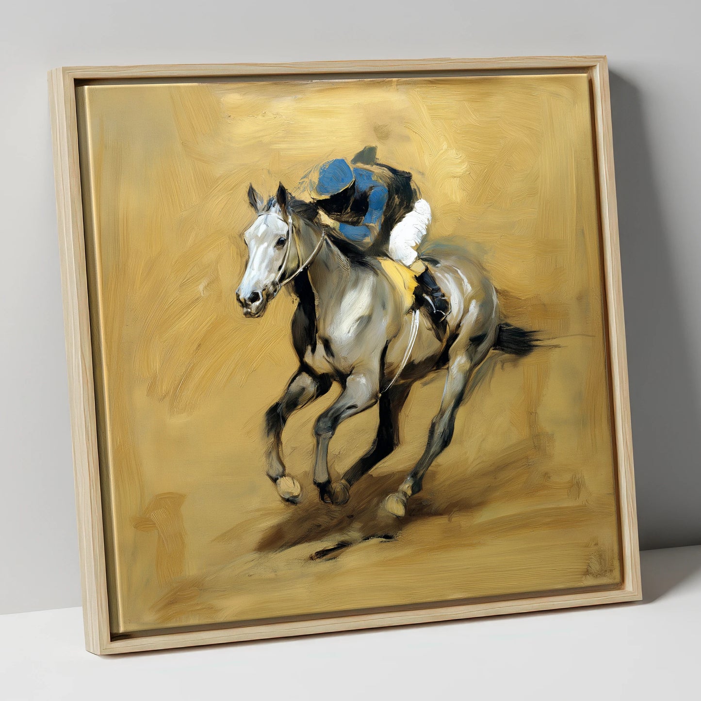 The Grey Challenger racing horse canvas wall art in natural frame