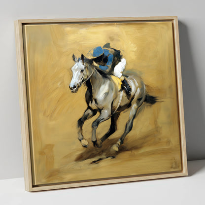 The Grey Challenger racing horse canvas wall art in natural frame