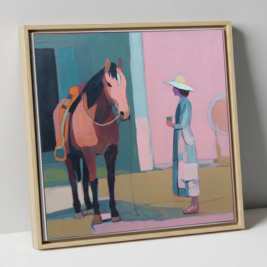 A Moment of Stillness horse & rider canvas wall art in natural frame