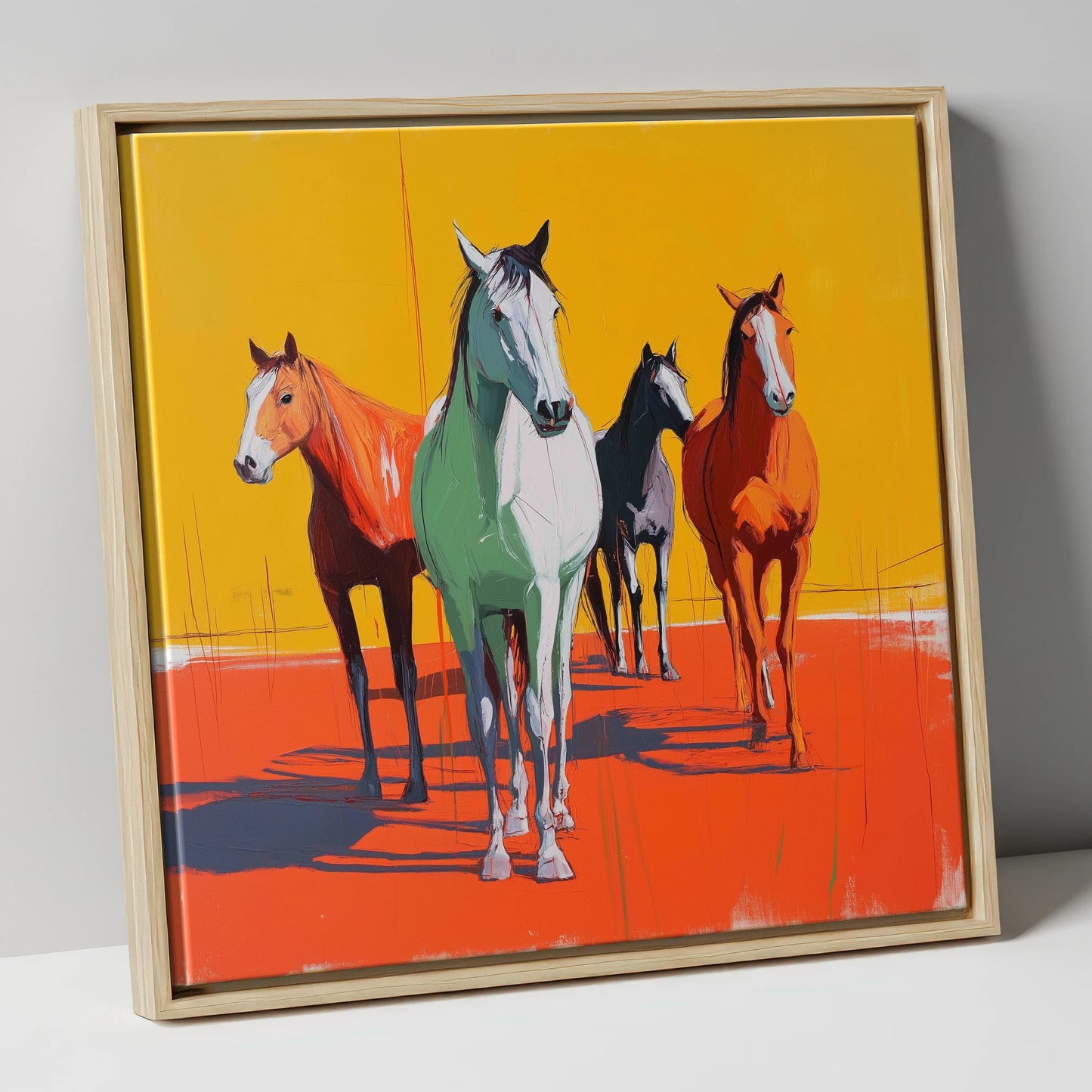 Vibrant Sunlit Herd wild horses canvas wall art in natural frame