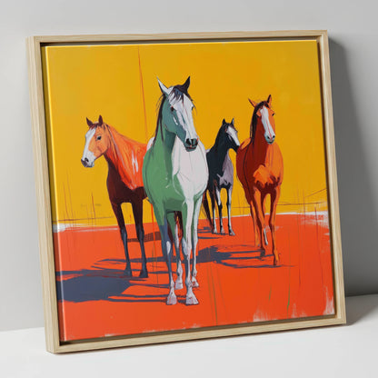 Vibrant Sunlit Herd wild horses canvas wall art in natural frame