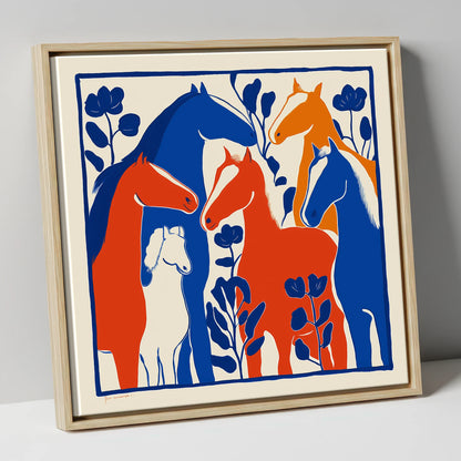 Vibrant Graphic Herd wild horses canvas wall art in natural frame