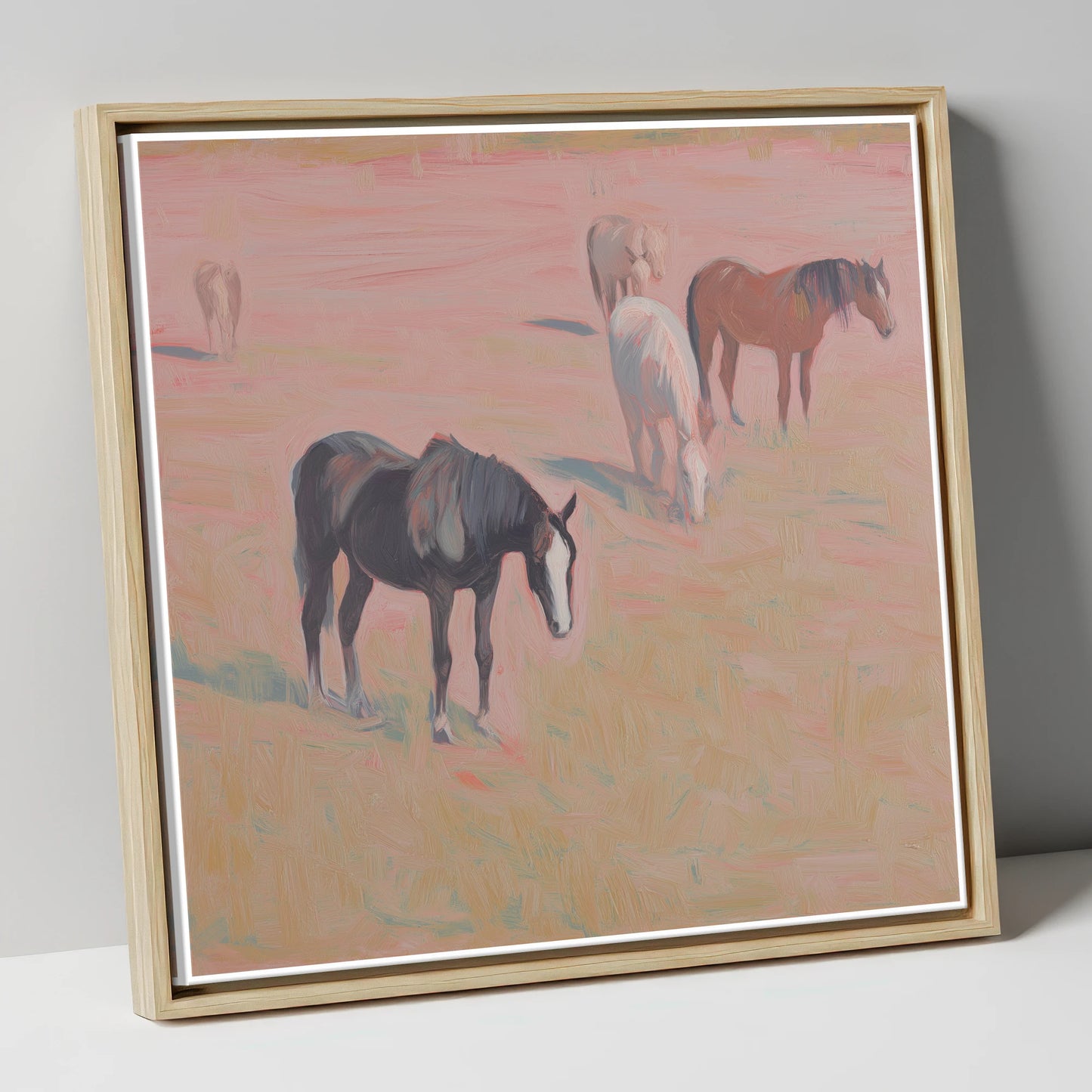 Dusky Rosa Pastures wild horses canvas wall art in natural frame