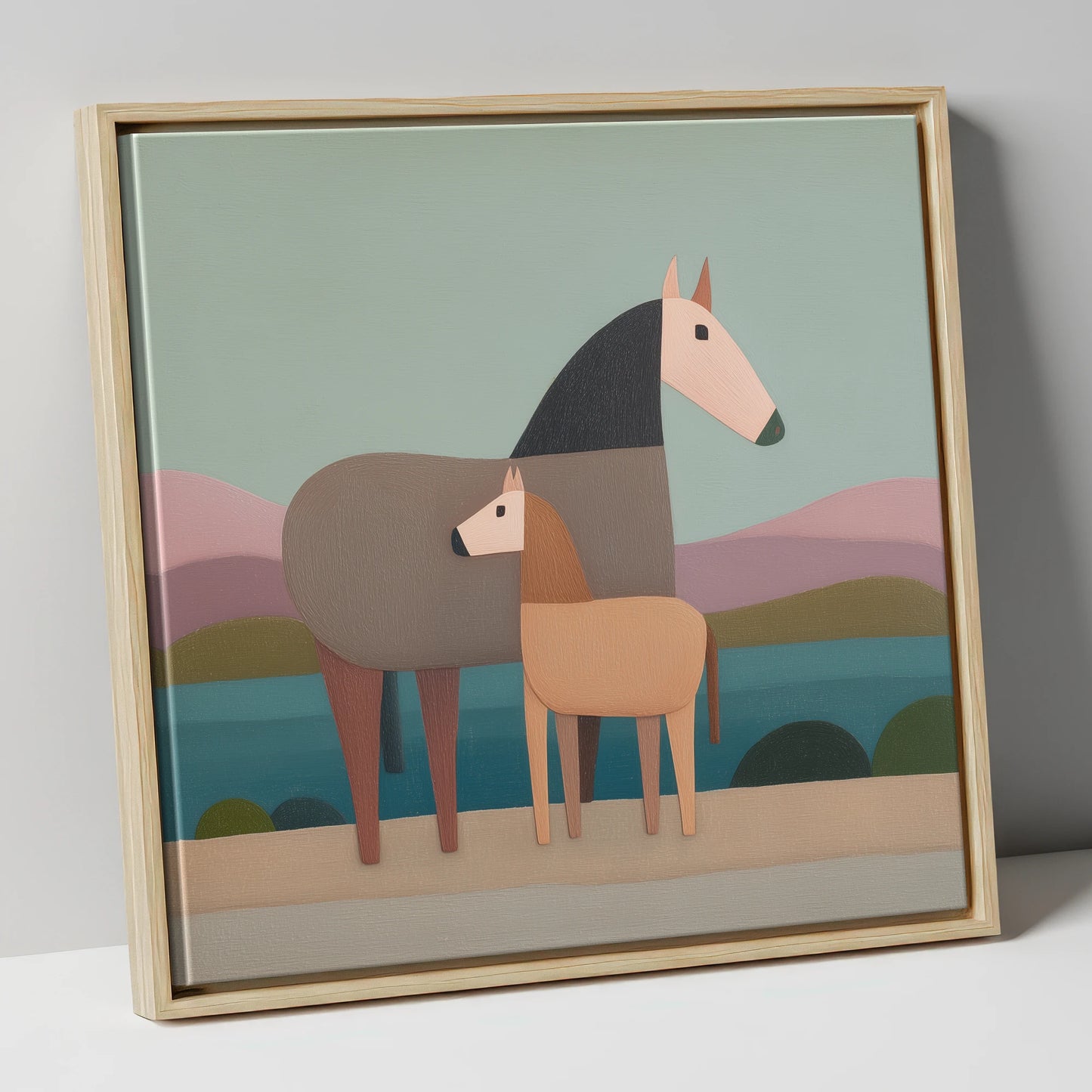 Stylised Equine Harmony mare & foal canvas wall art in natural frame