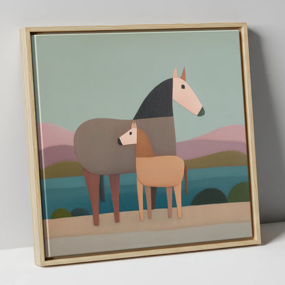 Stylised Equine Harmony mare & foal canvas wall art in natural frame