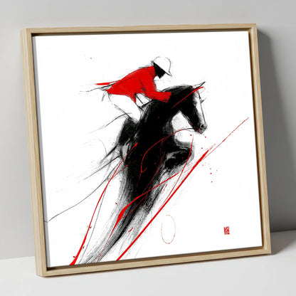 Flight in Crimson show jumping horse canvas wall art in natural frame