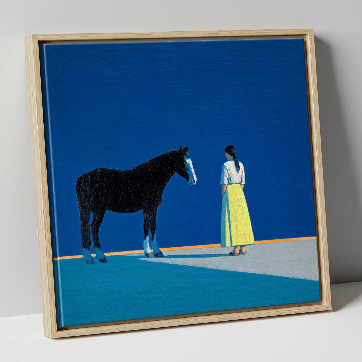 The Meeting Place horse & rider canvas wall art in natural frame
