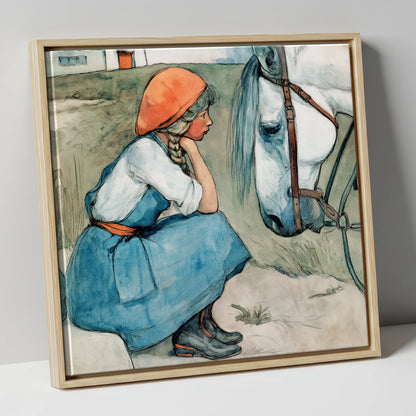 Quiet Moments Together horse & rider canvas wall art in natural frame