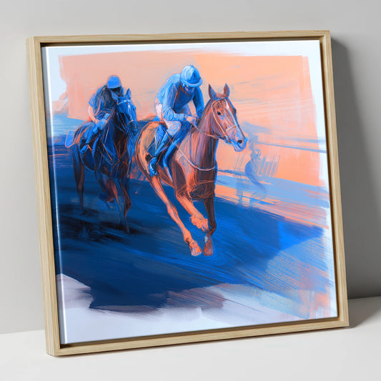 The Blue Furlong racing horse canvas wall art in natural frame